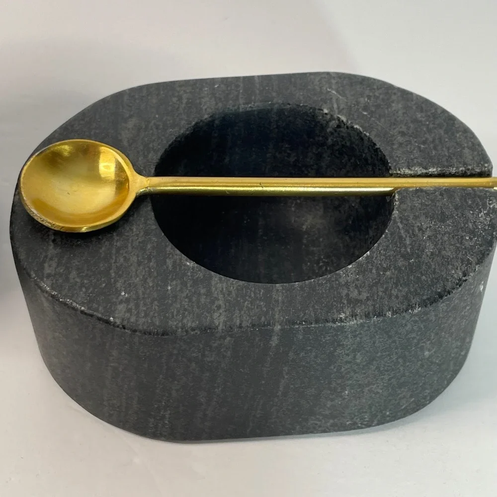 Artisanal Salt Cellar Set Smoke Fired‎ Clay and Carved Stone with Spoons